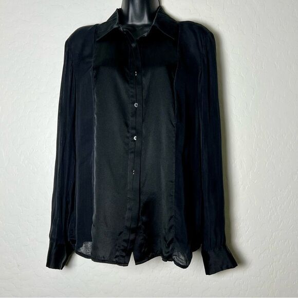 FRAME Silk Chiffon Gathered Shoulder Center Pleat Button Up cuff blouse M - Picture 1 of 11